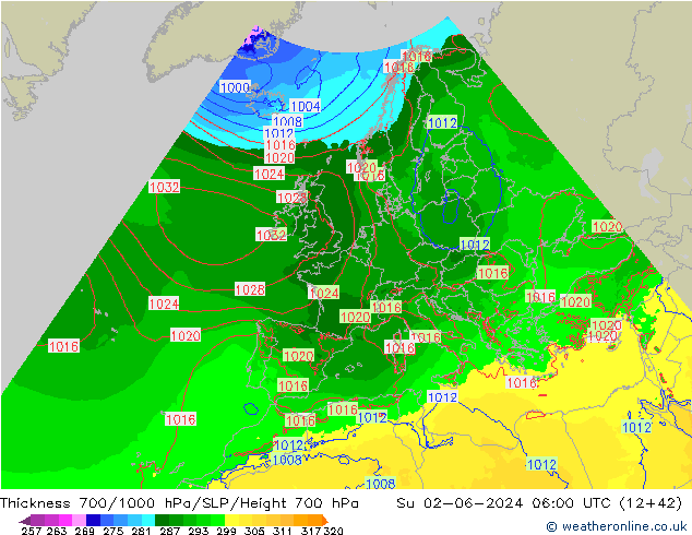 Thck 700-1000 гПа Arpege-eu Вс 02.06.2024 06 UTC