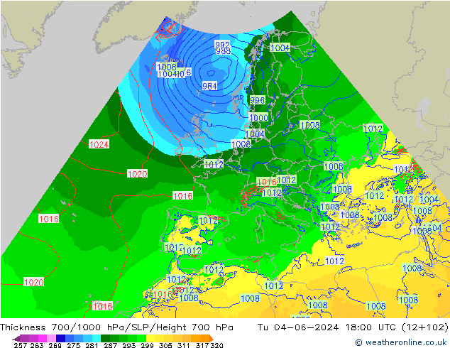 Thck 700-1000 hPa Arpege-eu Ter 04.06.2024 18 UTC