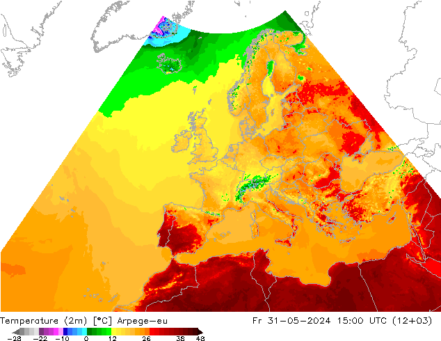 Temperatura (2m) Arpege-eu ven 31.05.2024 15 UTC