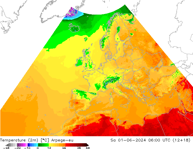 Temperatura (2m) Arpege-eu sab 01.06.2024 06 UTC
