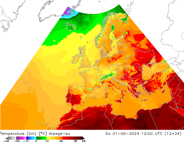 Temperaturkarte (2m) Arpege-eu Sa 01.06.2024 12 UTC