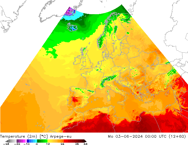 Sıcaklık Haritası (2m) Arpege-eu Pzt 03.06.2024 00 UTC