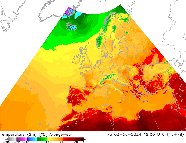 mapa temperatury (2m) Arpege-eu pon. 03.06.2024 18 UTC