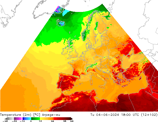 Temperature (2m) Arpege-eu Tu 04.06.2024 18 UTC