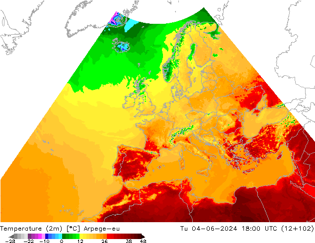 Sıcaklık Haritası (2m) Arpege-eu Sa 04.06.2024 18 UTC