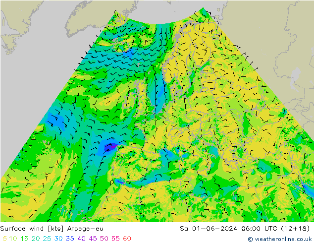 Vento 10 m Arpege-eu Sáb 01.06.2024 06 UTC