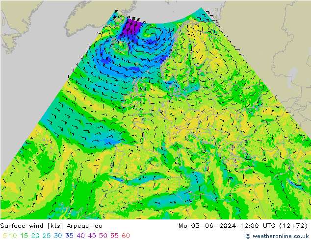 wiatr 10 m Arpege-eu pon. 03.06.2024 12 UTC