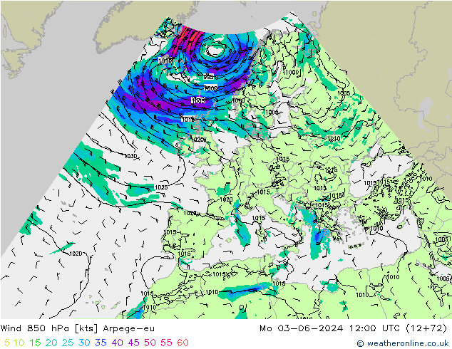 Vento 850 hPa Arpege-eu lun 03.06.2024 12 UTC