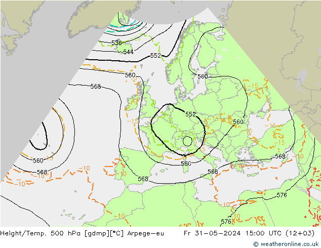 Hoogte/Temp. 500 hPa Arpege-eu vr 31.05.2024 15 UTC