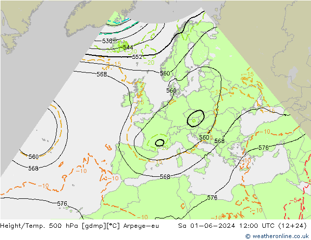 Height/Temp. 500 hPa Arpege-eu 星期六 01.06.2024 12 UTC