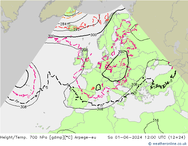 Height/Temp. 700 hPa Arpege-eu  01.06.2024 12 UTC