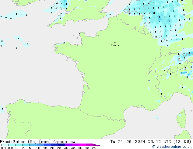 Precipitation (6h) Arpege-eu Út 04.06.2024 12 UTC