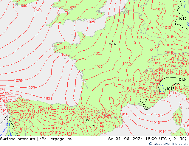 Pressione al suolo Arpege-eu sab 01.06.2024 18 UTC