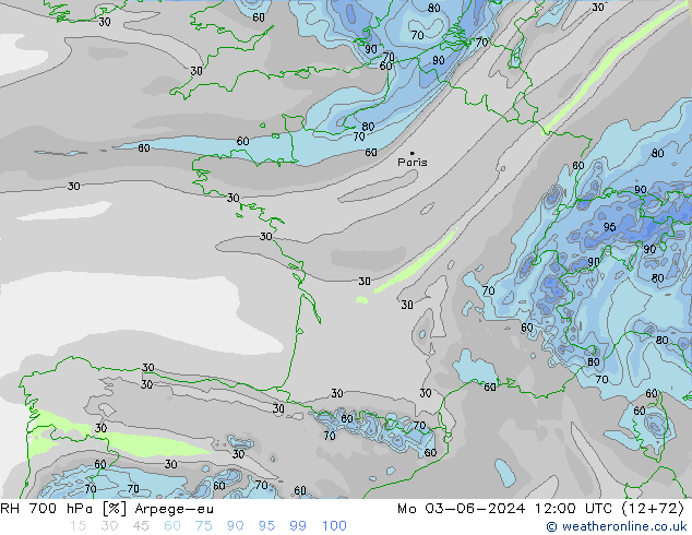 RH 700 hPa Arpege-eu  03.06.2024 12 UTC