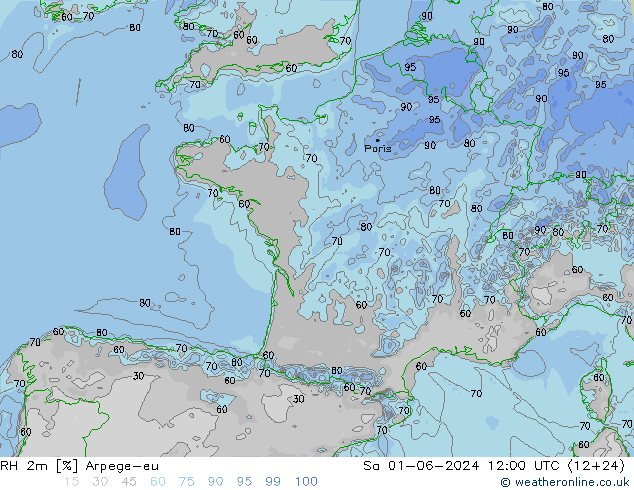 RH 2m Arpege-eu Sa 01.06.2024 12 UTC