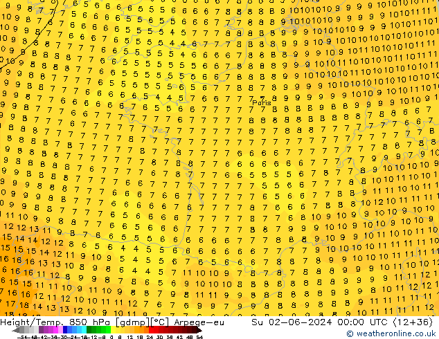 Yükseklik/Sıc. 850 hPa Arpege-eu Paz 02.06.2024 00 UTC