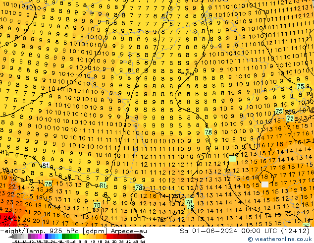 Height/Temp. 925 hPa Arpege-eu so. 01.06.2024 00 UTC