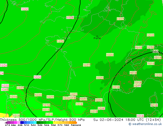 Espesor 500-1000 hPa Arpege-eu dom 02.06.2024 18 UTC