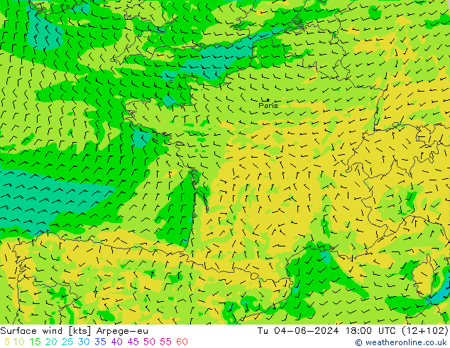 Vento 10 m Arpege-eu mar 04.06.2024 18 UTC