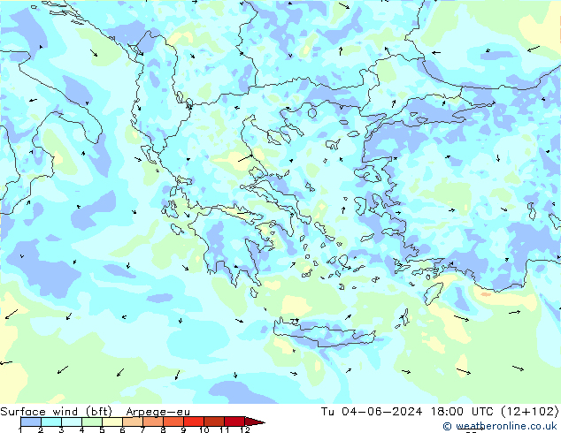 Vento 10 m (bft) Arpege-eu Ter 04.06.2024 18 UTC
