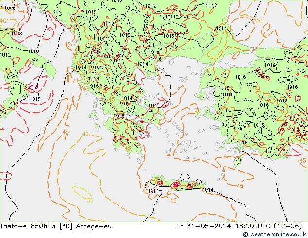 Theta-e 850hPa Arpege-eu Cu 31.05.2024 18 UTC