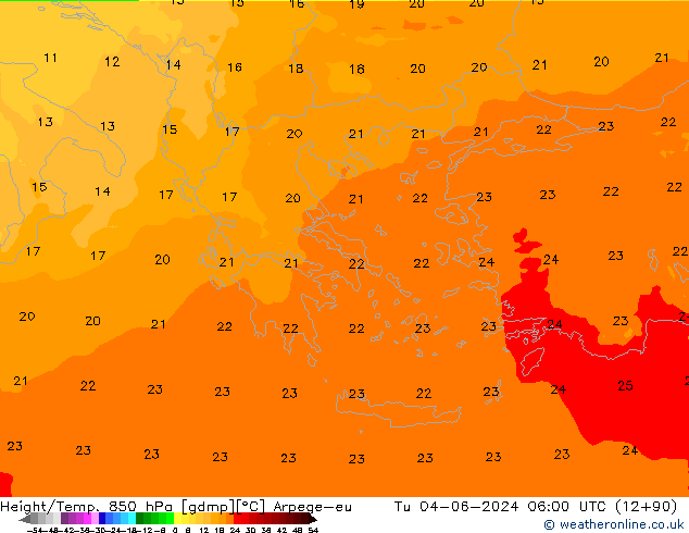 Hoogte/Temp. 850 hPa Arpege-eu di 04.06.2024 06 UTC