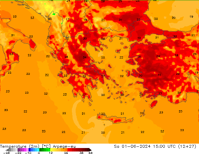 mapa temperatury (2m) Arpege-eu so. 01.06.2024 15 UTC
