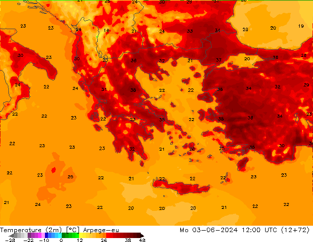 température (2m) Arpege-eu lun 03.06.2024 12 UTC