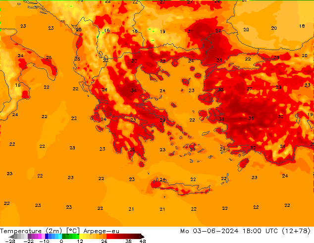 Temperaturkarte (2m) Arpege-eu Mo 03.06.2024 18 UTC