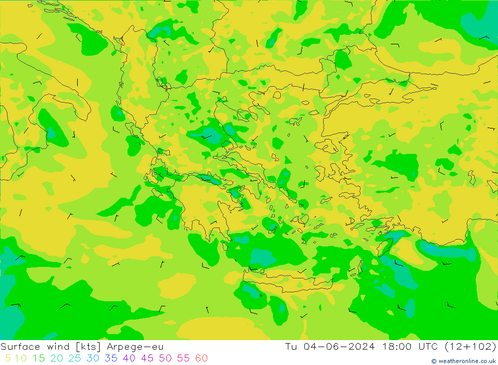 Surface wind Arpege-eu Tu 04.06.2024 18 UTC