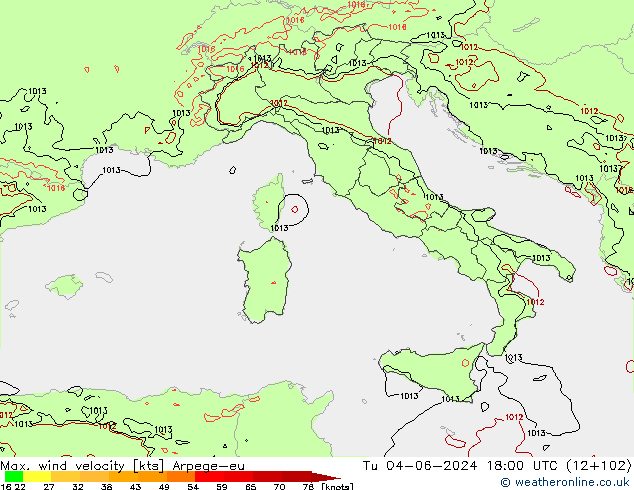 Max. wind velocity Arpege-eu Tu 04.06.2024 18 UTC