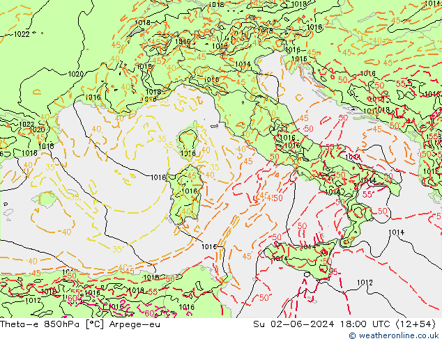Theta-e 850гПа Arpege-eu Вс 02.06.2024 18 UTC
