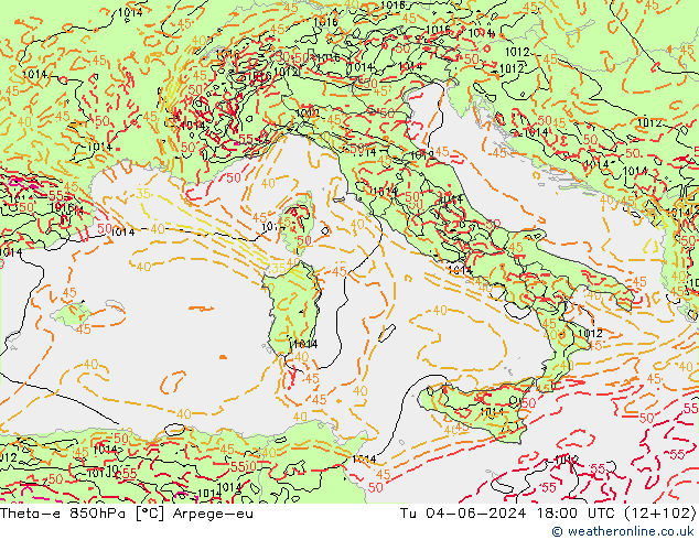 Theta-e 850hPa Arpege-eu Tu 04.06.2024 18 UTC