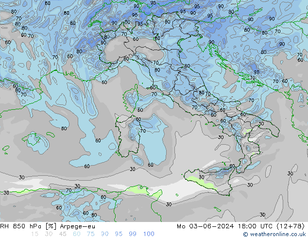 RH 850 hPa Arpege-eu Mo 03.06.2024 18 UTC