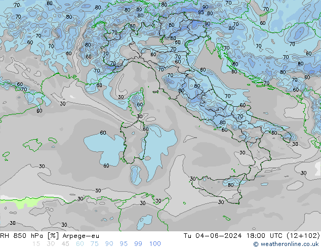 RH 850 hPa Arpege-eu Tu 04.06.2024 18 UTC