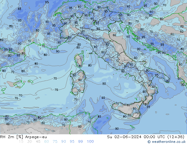 RH 2m Arpege-eu Ne 02.06.2024 00 UTC