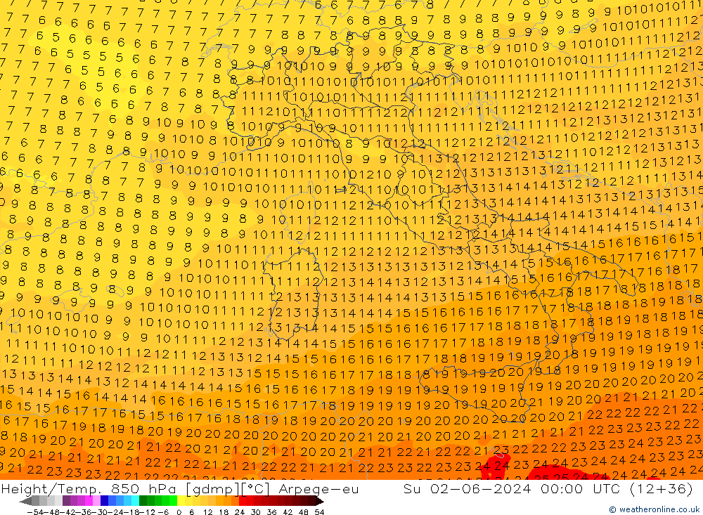 Height/Temp. 850 hPa Arpege-eu Su 02.06.2024 00 UTC