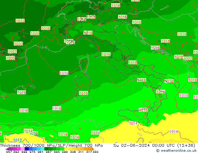 Thck 700-1000 гПа Arpege-eu Вс 02.06.2024 00 UTC