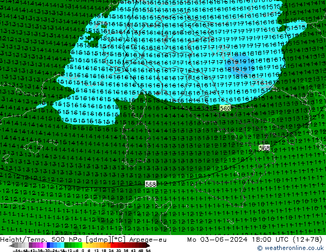 Height/Temp. 500 hPa Arpege-eu Mo 03.06.2024 18 UTC