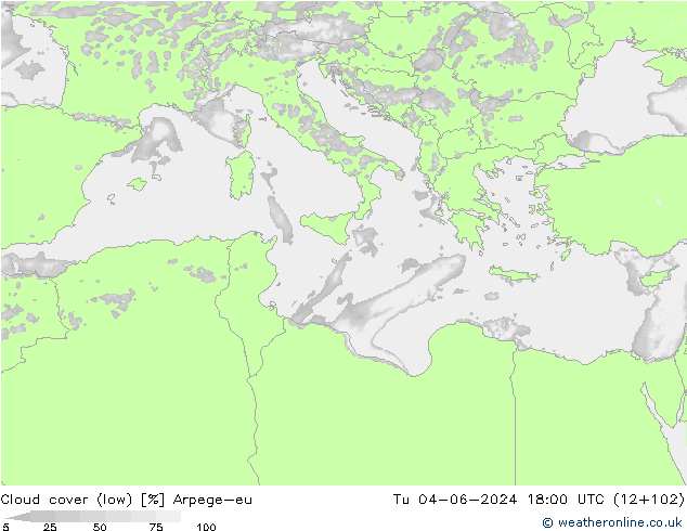 nízká oblaka Arpege-eu Út 04.06.2024 18 UTC