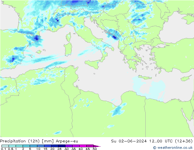 Precipitazione (12h) Arpege-eu dom 02.06.2024 00 UTC