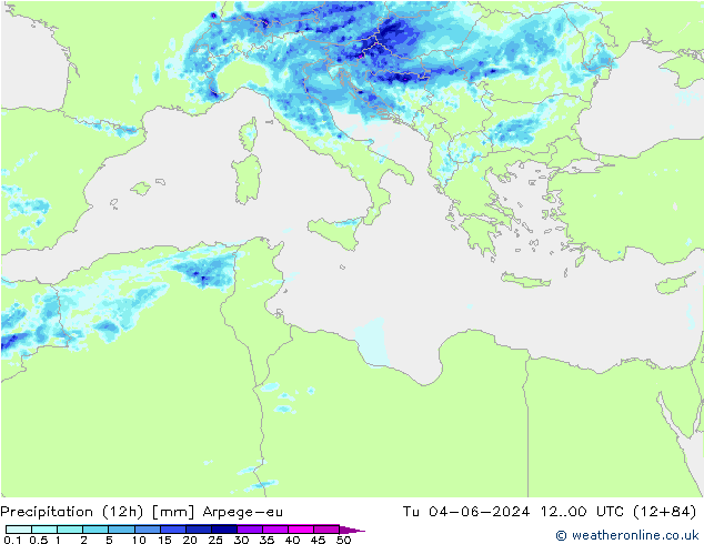 Precipitation (12h) Arpege-eu Tu 04.06.2024 00 UTC