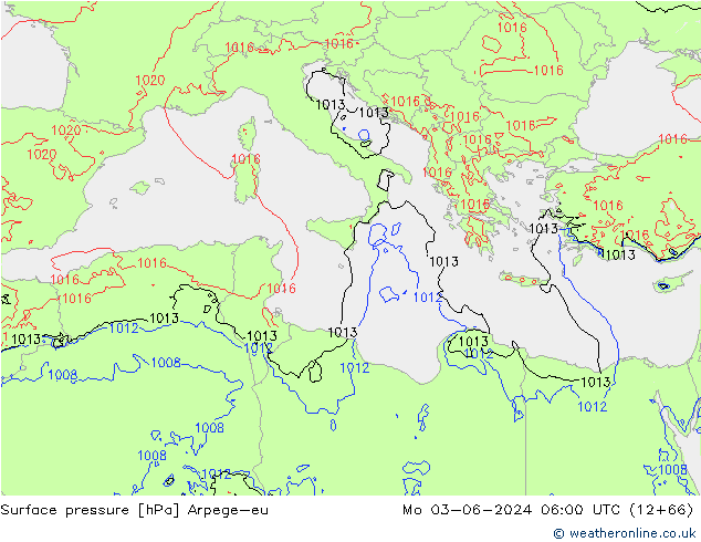 Surface pressure Arpege-eu Mo 03.06.2024 06 UTC