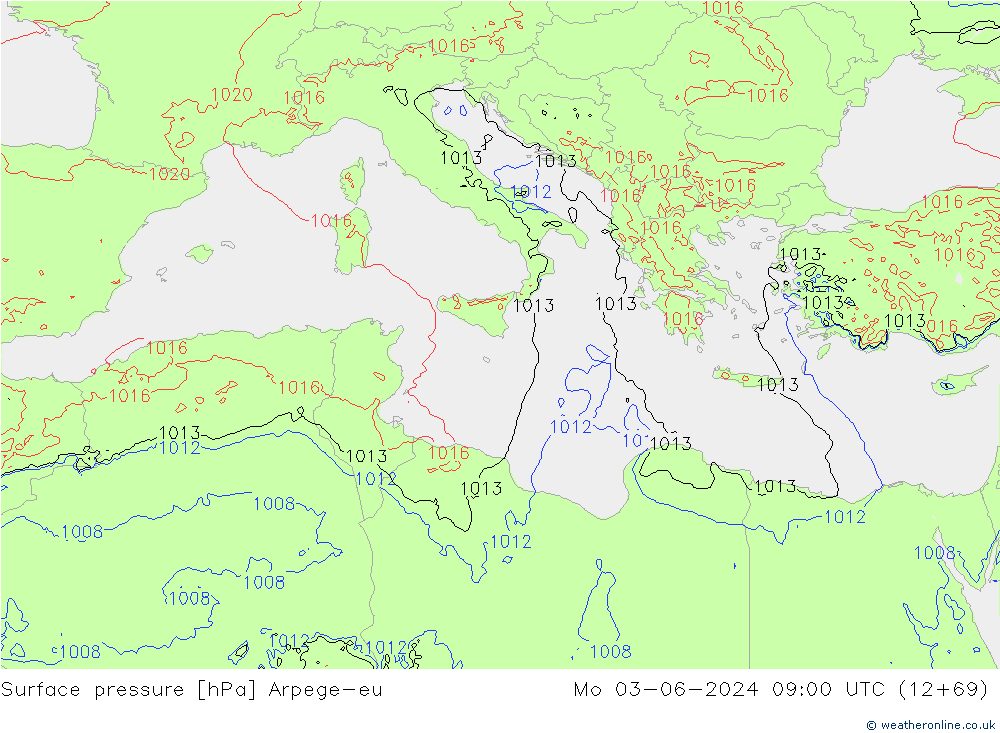 Pressione al suolo Arpege-eu lun 03.06.2024 09 UTC