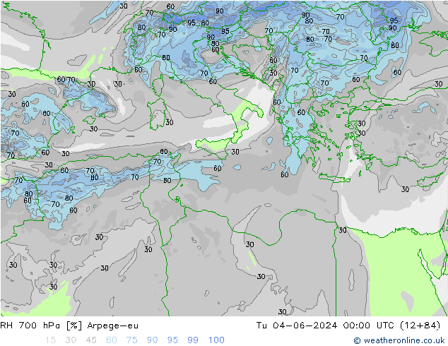 RH 700 hPa Arpege-eu Tu 04.06.2024 00 UTC