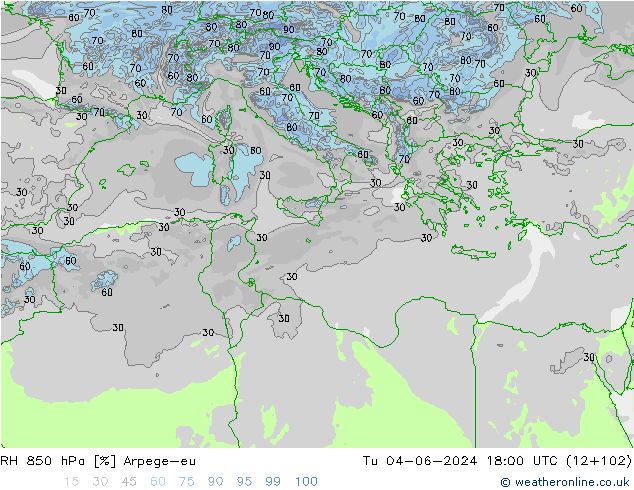 Humidité rel. 850 hPa Arpege-eu mar 04.06.2024 18 UTC