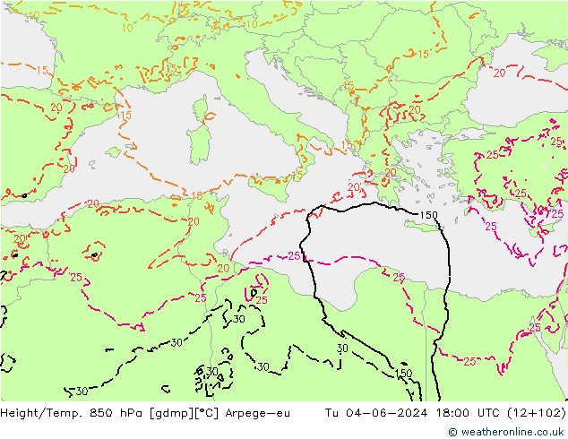 Height/Temp. 850 hPa Arpege-eu Tu 04.06.2024 18 UTC