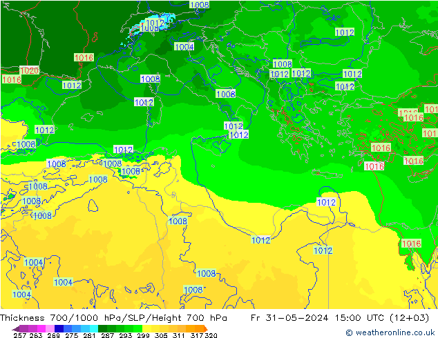 Thck 700-1000 hPa Arpege-eu  31.05.2024 15 UTC