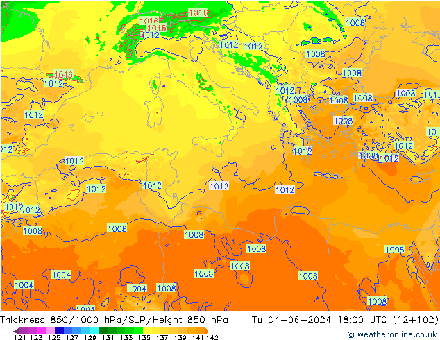 Dikte 850-1000 hPa Arpege-eu di 04.06.2024 18 UTC