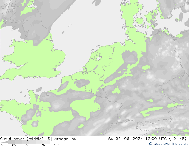 Cloud cover (middle) Arpege-eu Su 02.06.2024 12 UTC